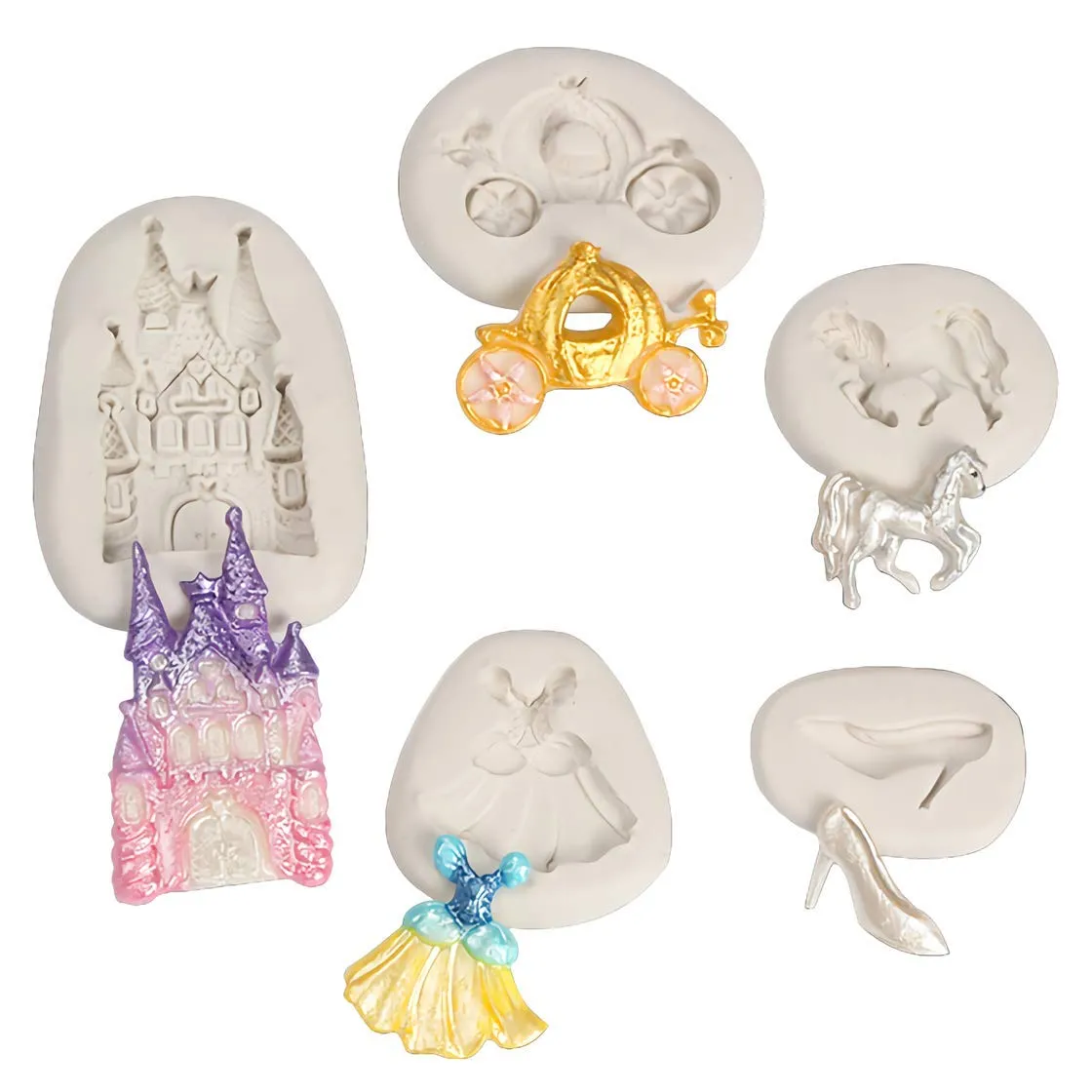 Juego de 5 moldes para fondant de Cenicienta, castillo, calabaza, carruaje, vestido de princesa, zapatos de Juego de 5 moldes para fondant de Cenicienta, castillo, calabaza, carruaje, vestido de princesa, zapatos de