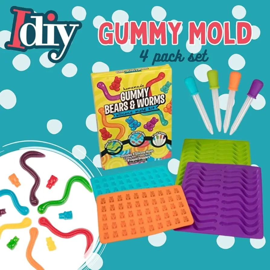 Juego de 4 moldes de gomitas de oso y gusano, bandejas antiadherentes XL con 2 cuentagotas para chocolate, cubitos de hielo y más, hace 140 caramelos, bandejas antiadherentes, regalo de día festivo Juego de 4 moldes de gomitas de oso y gusano, bandejas antiadherentes XL con 2 cuentagotas para chocolate, cubitos de hielo y más, hace 140 caramelos, bandejas antiadherentes, regalo de día festivo