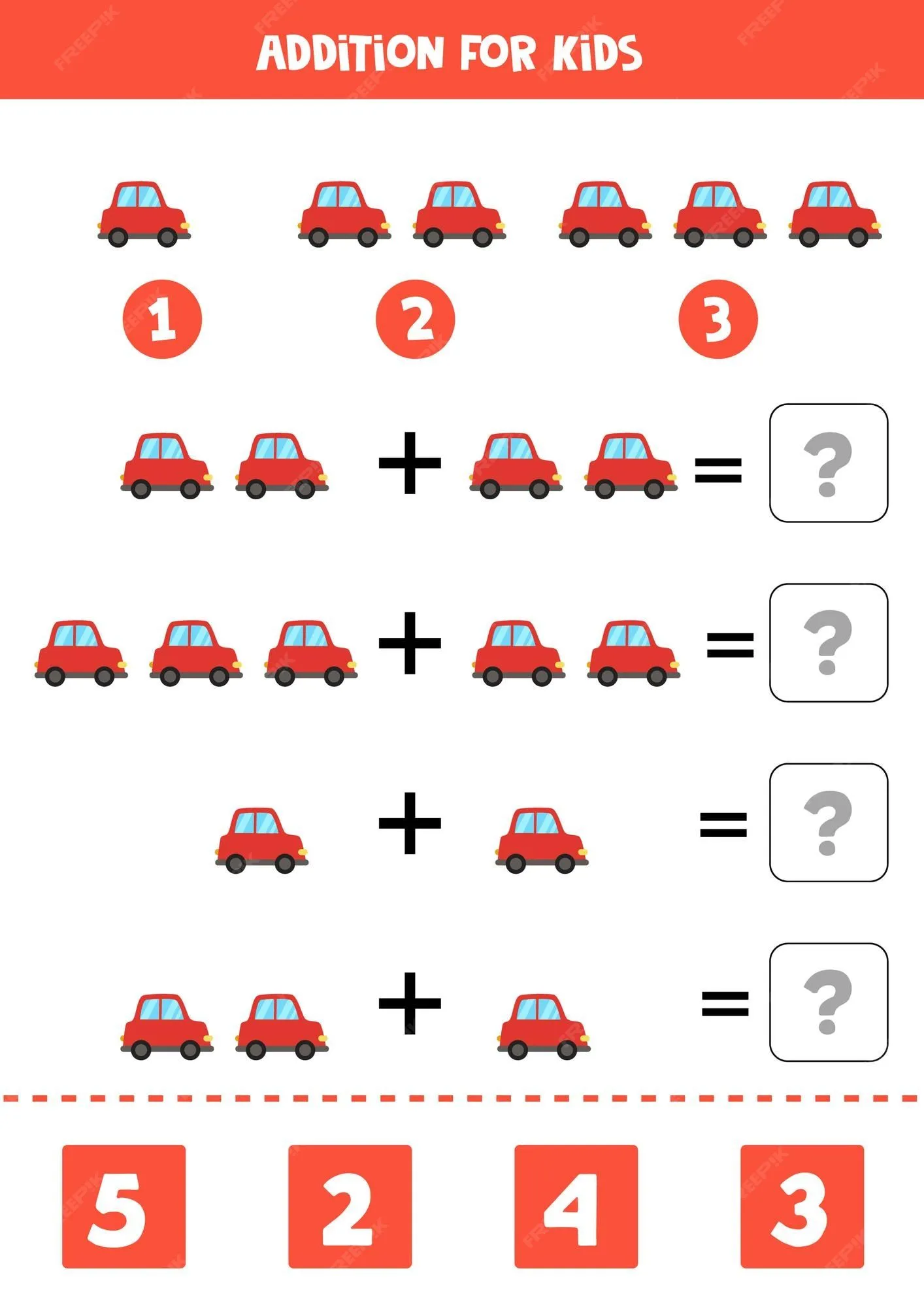 Juego de suma con coche rojo de dibujos animados. juego de matemáticas para  niños. | Vector Premium