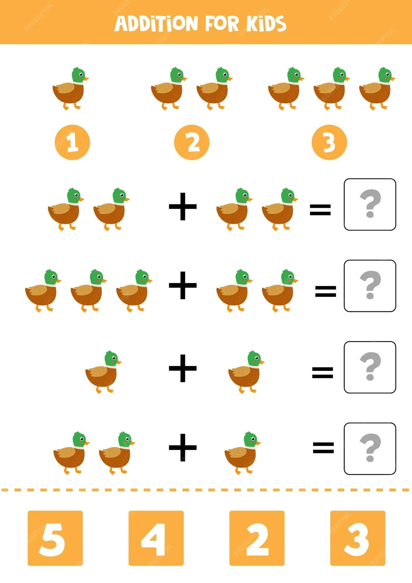 Juego de suma con pato de dibujos animados lindo. juego de matemáticas para niños. | Vector Premium Juego de suma con pato de dibujos animados lindo. juego de matemáticas para niños. | Vector Premium
