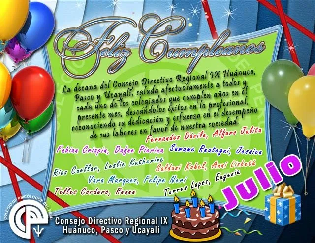 JULIO) FELIZ CUMPLEAÑOS ~ Colegio de Psicólogos de Huánuco, Pasco ...