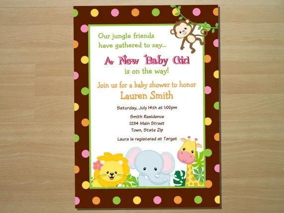 Jungle Safari Girl Baby Shower Invitation por SquigglesDesigns Jungle Safari Girl Baby Shower Invitation por SquigglesDesigns