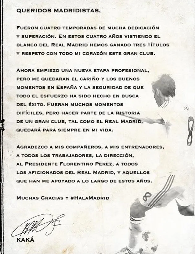 Kaká se despide de los madridistas mediante una carta - MARCA.com Kaká se despide de los madridistas mediante una carta - MARCA.com