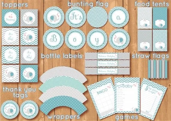 Kit imprimible para Babyshower con elefantes por AlapipetuaDesign Kit imprimible para Babyshower con elefantes por AlapipetuaDesign