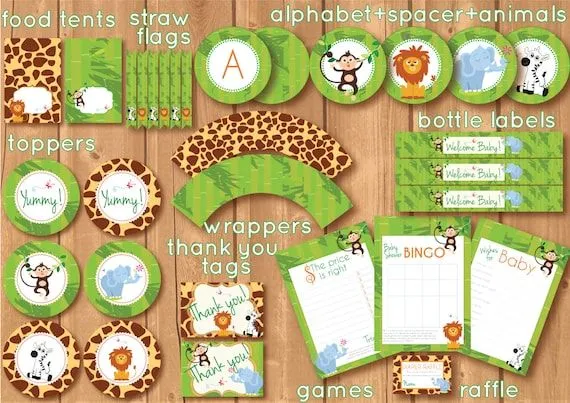 Kit imprimible para Babyshower. Jungla Safari por AlapipetuaDesign