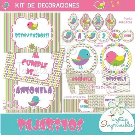 Kit imprimible para nena con pajaritos, para Baby shower, Bautismo ...