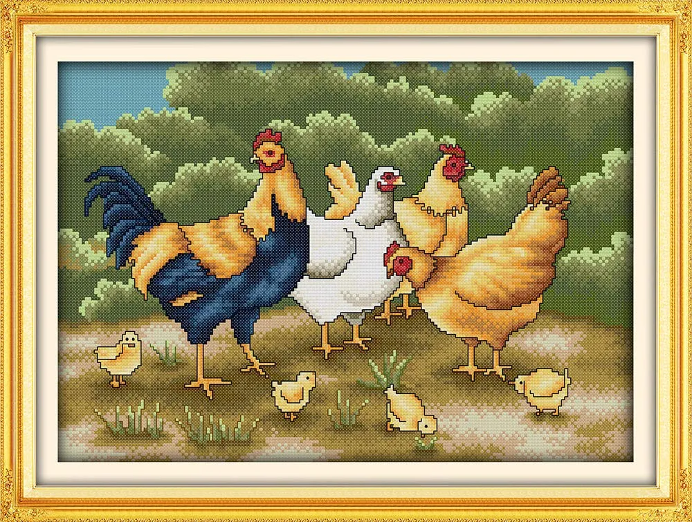 Kit de Punto de Cruz Stamped 11CT para Adultos Gallina y pollitos en la hierba DIY Kit de Punto de Cruz Stamped 11CT para Adultos Gallina y pollitos en la hierba DIY