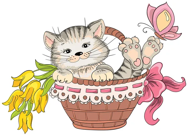 Kitty y ramo de flores en la canasta. dibujo a mano Vector ...