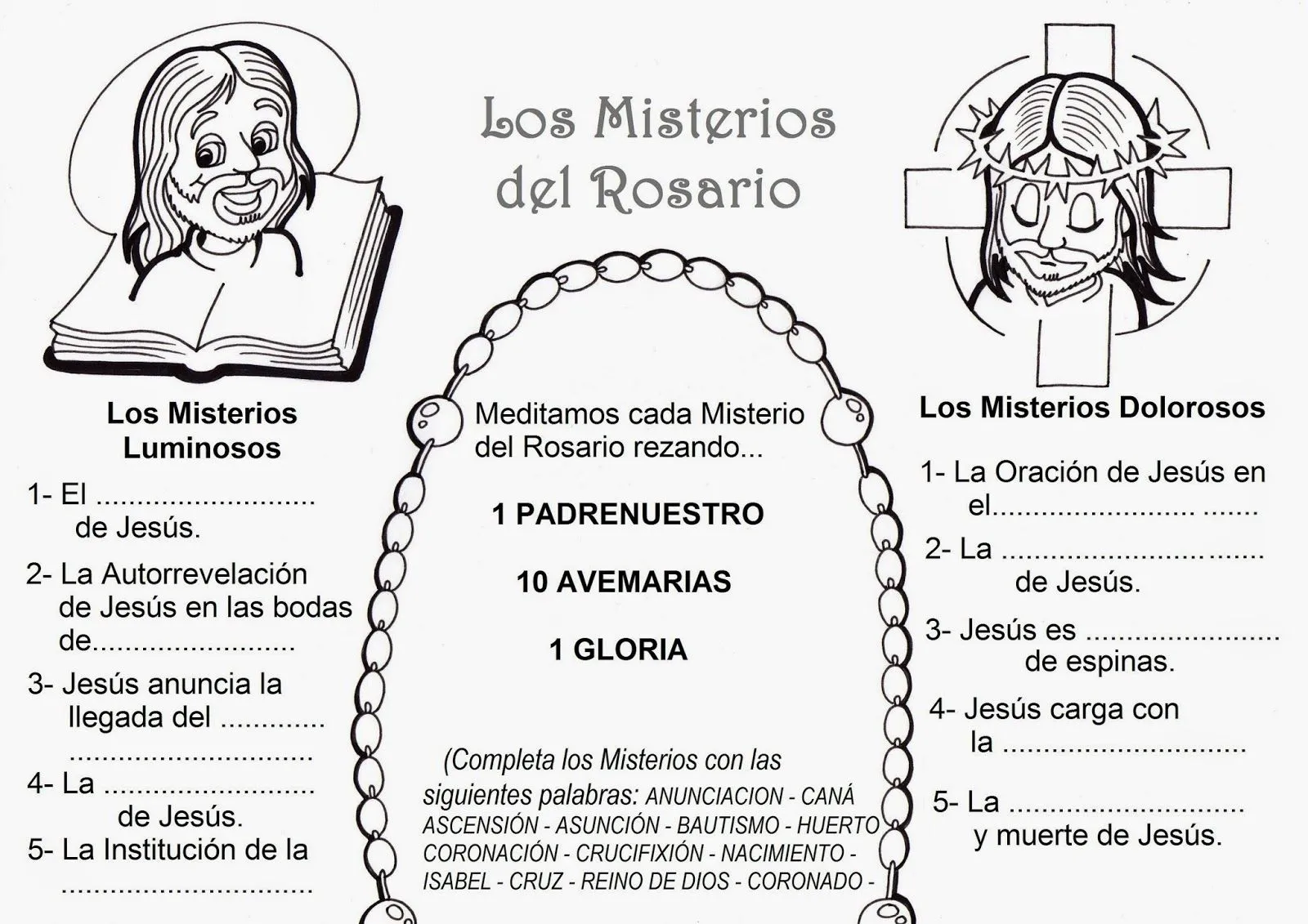 LÁMINA: Los Misterios del Rosario completar y colorear - Educacion Religiosa LÁMINA: Los Misterios del Rosario completar y colorear - Educacion Religiosa