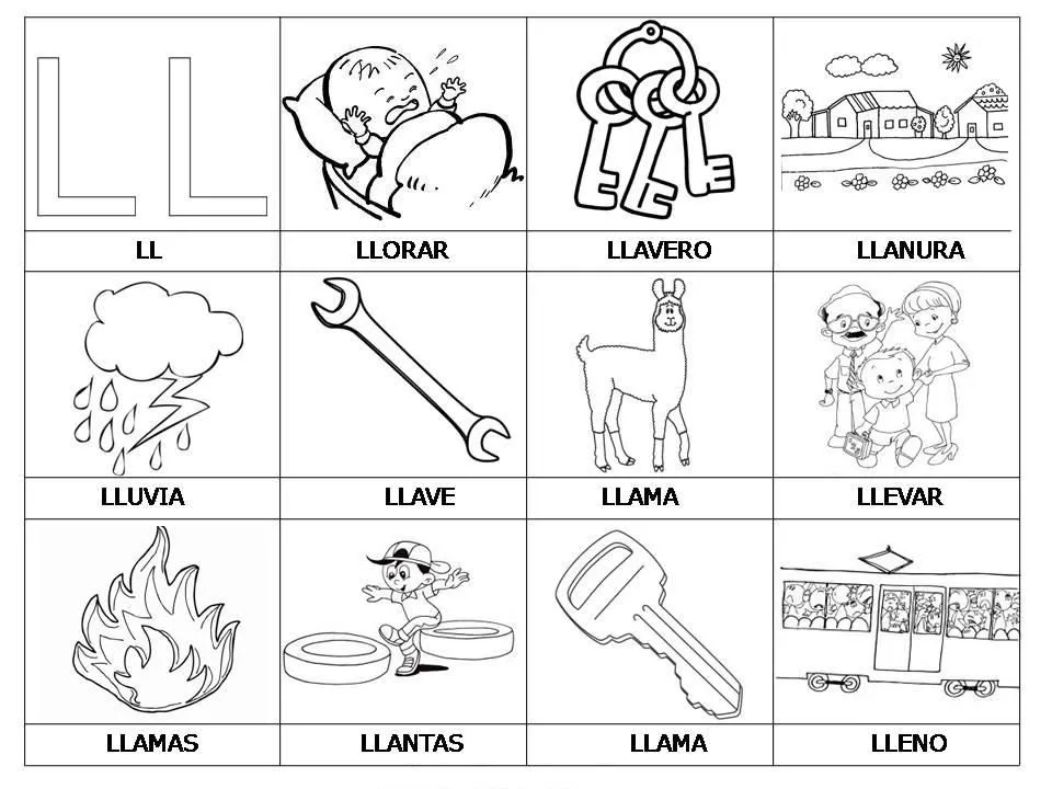 Laminas con dibujos para aprender palabras y colorear con letra: LL