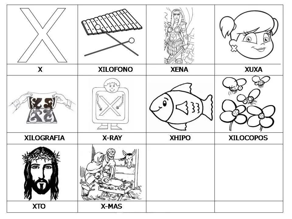 Laminas con dibujos para aprender palabras y colorear con letra: X