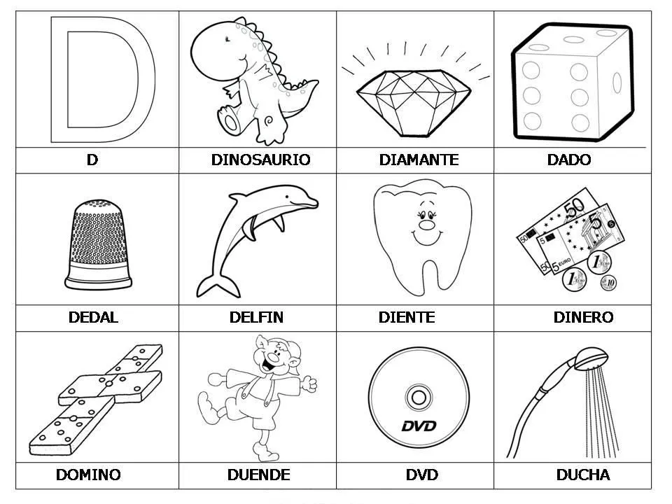 Laminas con dibujos para aprender palabras y colorear con letra: D ... Laminas con dibujos para aprender palabras y colorear con letra: D ...