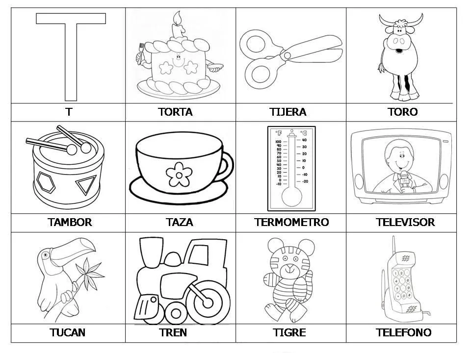 Laminas con dibujos para aprender palabras y colorear con letra: T ... Laminas con dibujos para aprender palabras y colorear con letra: T ...