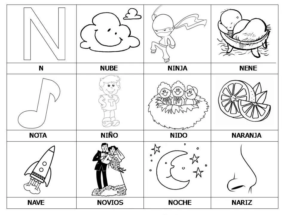 Laminas con dibujos para aprender palabras y colorear con letra: N ... Laminas con dibujos para aprender palabras y colorear con letra: N ...