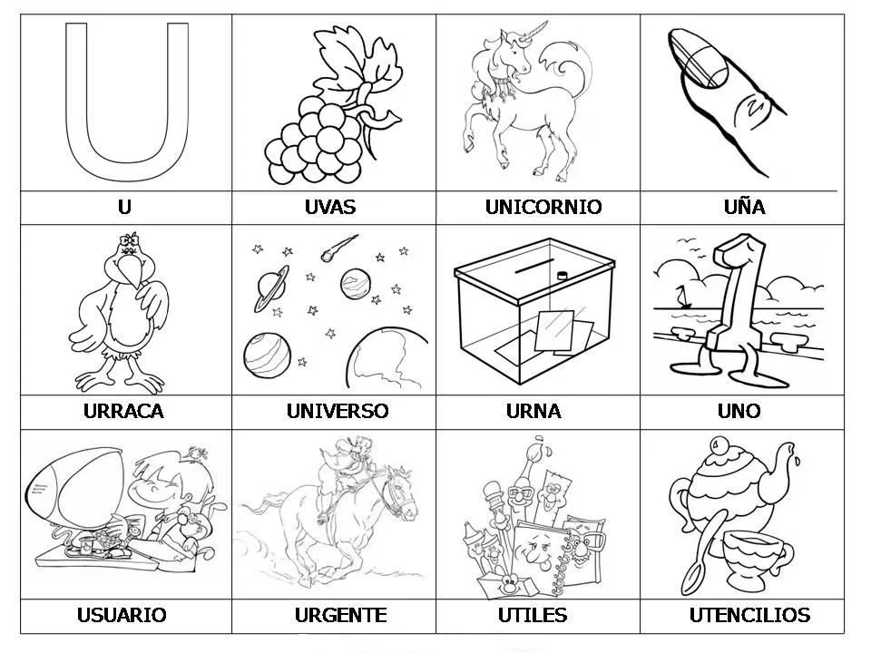Laminas con dibujos para aprender palabras y colorear con letra: U ... Laminas con dibujos para aprender palabras y colorear con letra: U ...