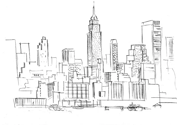 Lápiz de dibujo de un paisaje con conjunto de rascacielos en Nueva ... Lápiz de dibujo de un paisaje con conjunto de rascacielos en Nueva ...