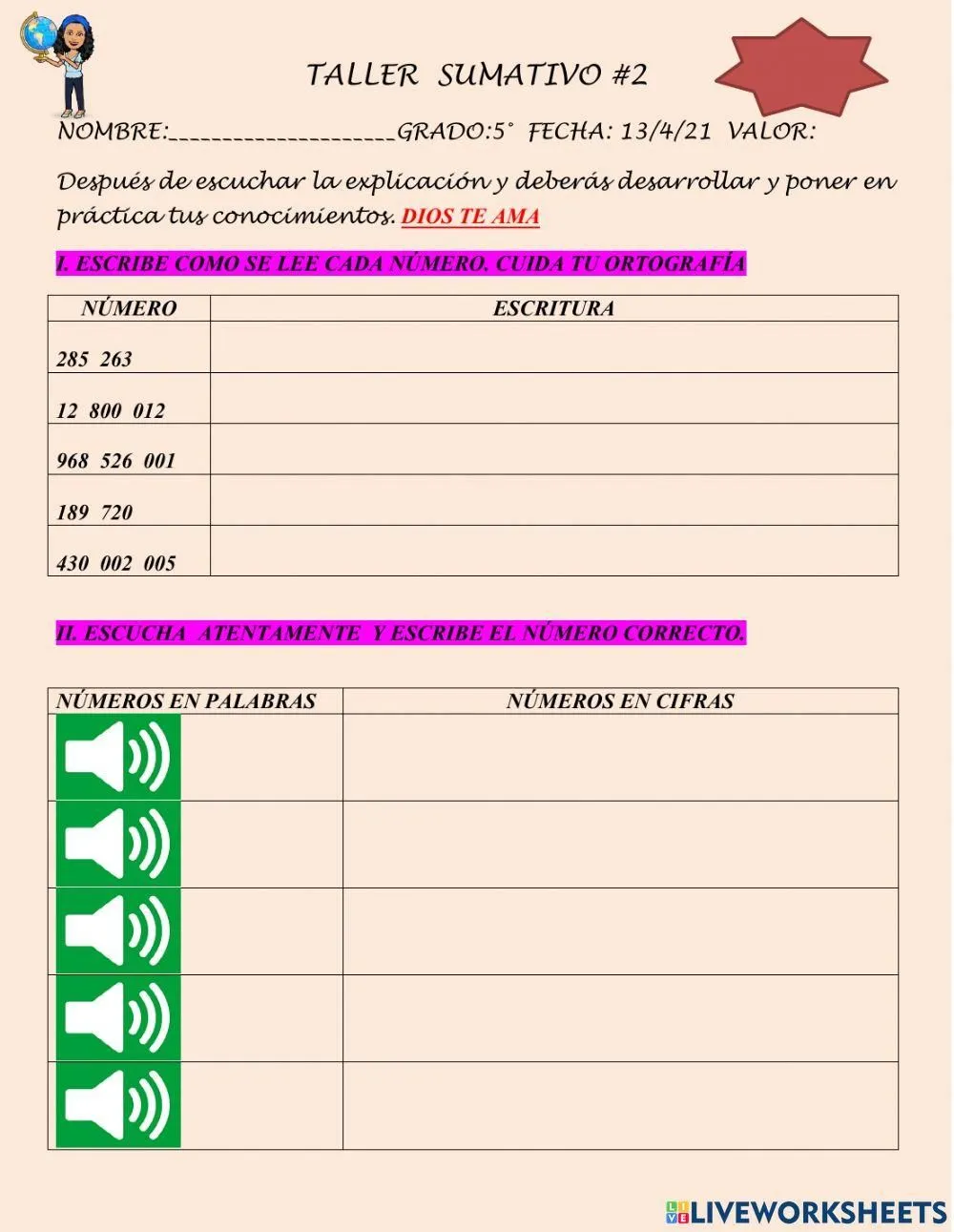 Lectura y escritura de números online pdf worksheet | Live Worksheets