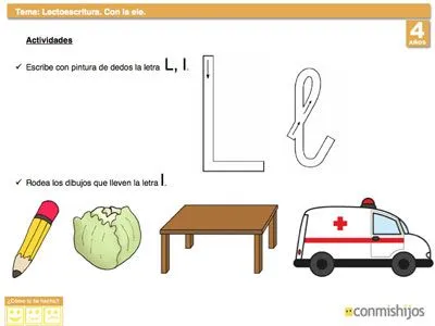 Letra L. Ficha de lectoescritura para niños