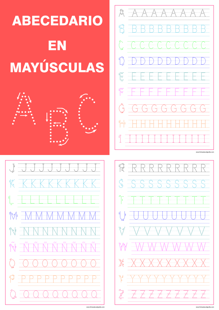 Letras del alfabeto en mayúscula, hojas de caligrafía