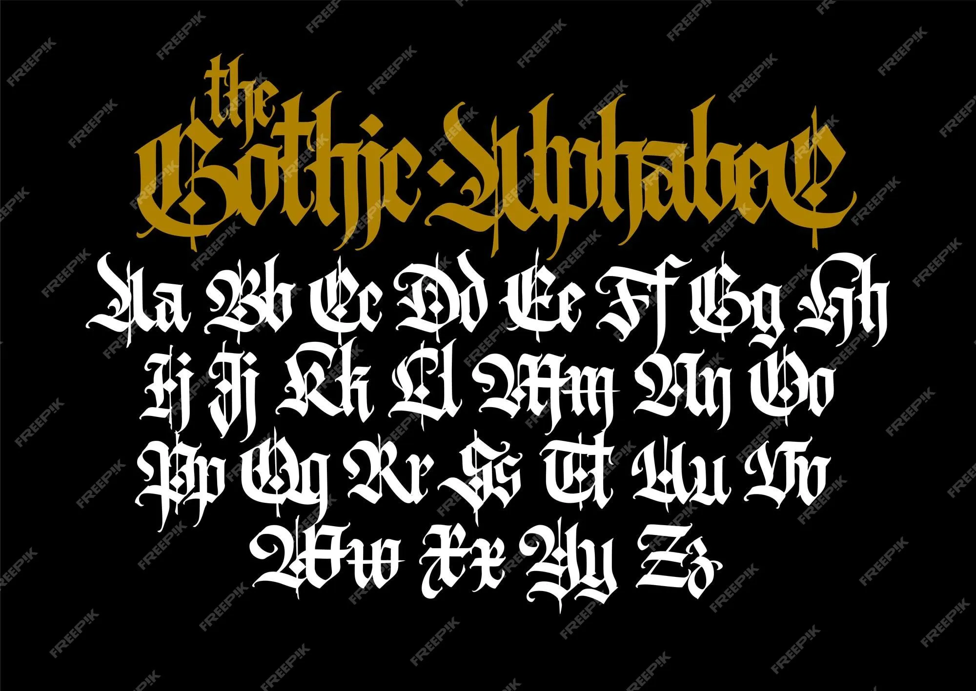 Letras góticas mayúsculas y minúsculas blancas sobre fondo negro | Vector Premium Letras góticas mayúsculas y minúsculas blancas sobre fondo negro | Vector Premium