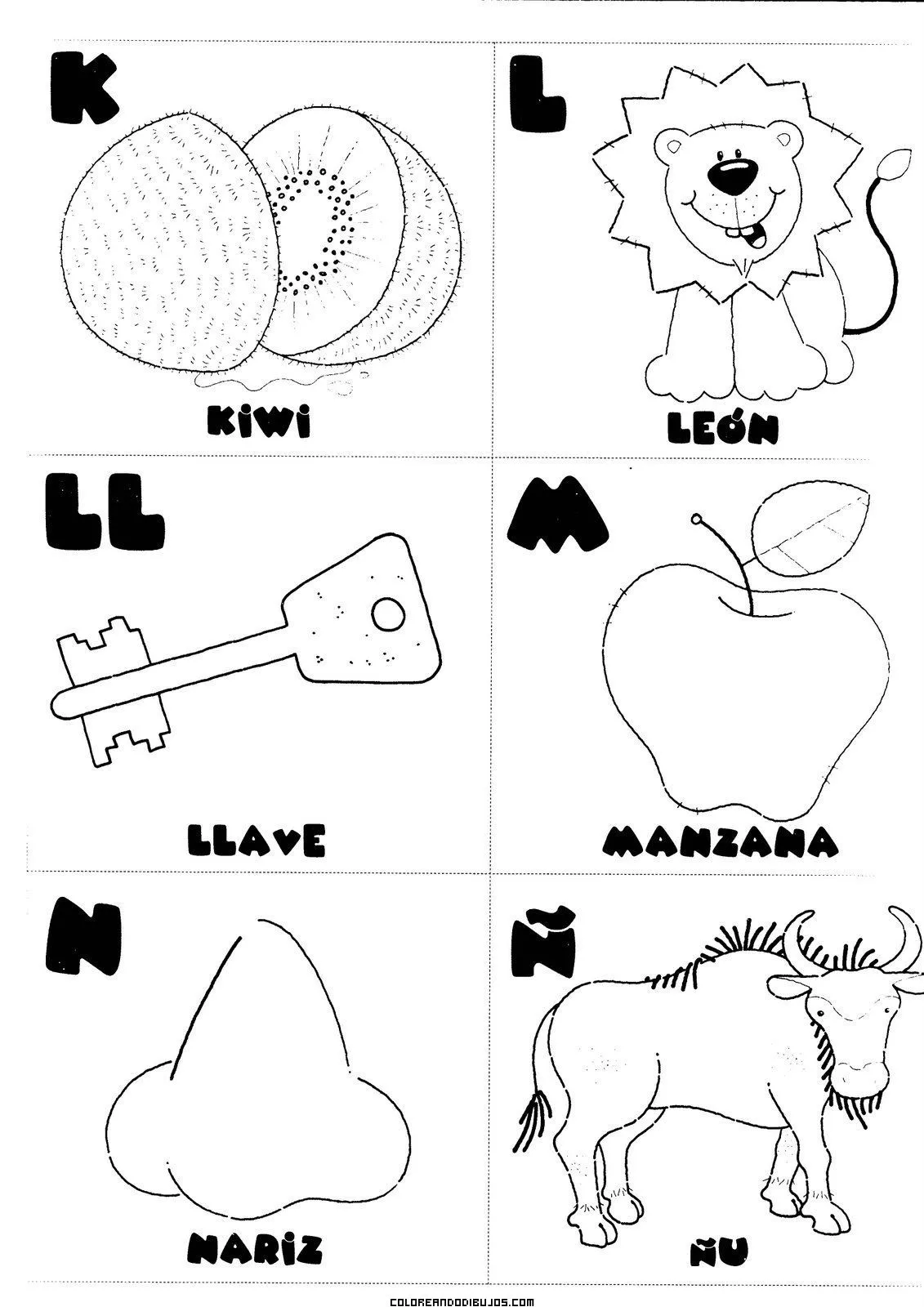 Letras K, L, LL, M, N, Ñ, para colorear
