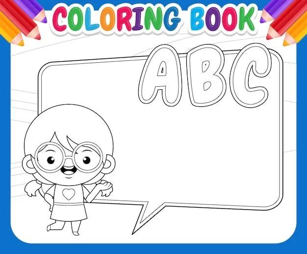 Libro de colorear para niños. feliz linda chica con gran bocadillo de diálogo | Vector Premium Libro de colorear para niños. feliz linda chica con gran bocadillo de diálogo | Vector Premium