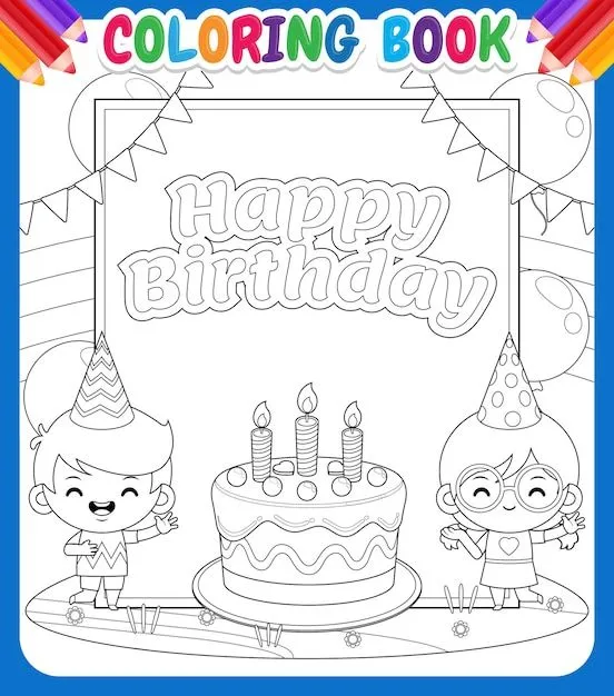 Libro de colorear para niños. lindo niño y niña con gran pancarta de feliz cumpleaños | Vector Premium Libro de colorear para niños. lindo niño y niña con gran pancarta de feliz cumpleaños | Vector Premium
