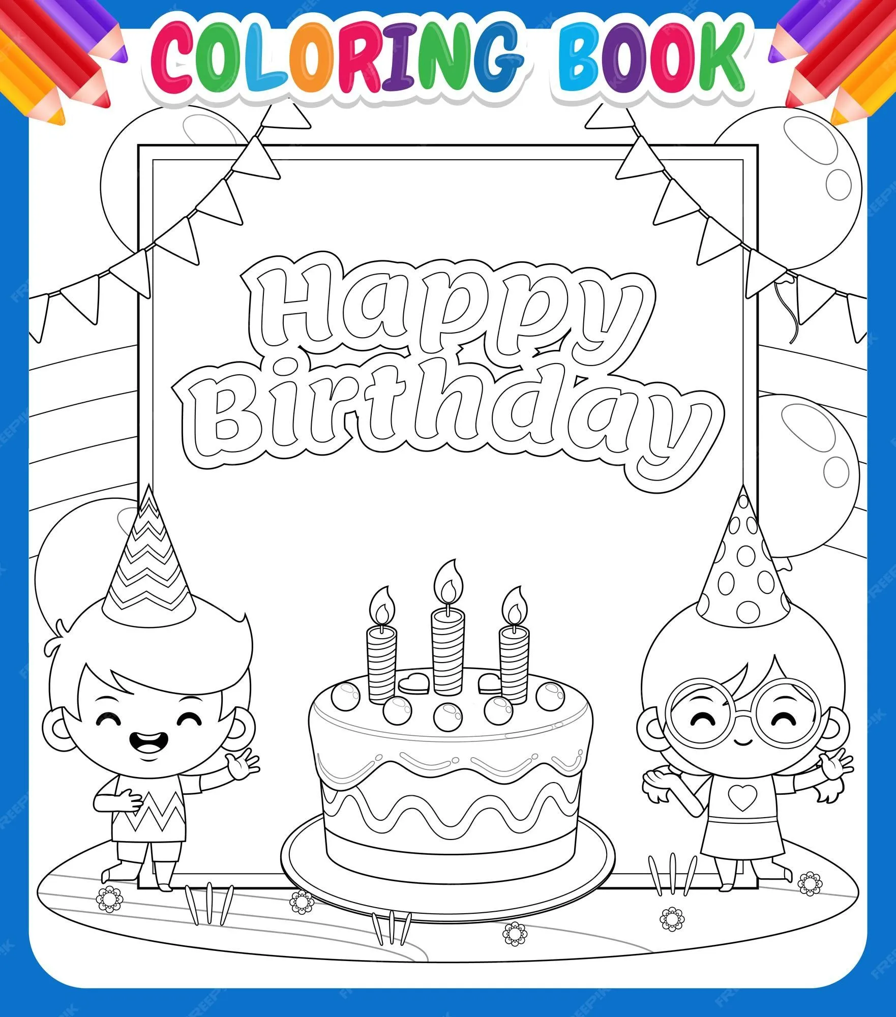 Libro de colorear para niños. lindo niño y niña con gran pancarta de feliz cumpleaños | Vector Premium Libro de colorear para niños. lindo niño y niña con gran pancarta de feliz cumpleaños | Vector Premium