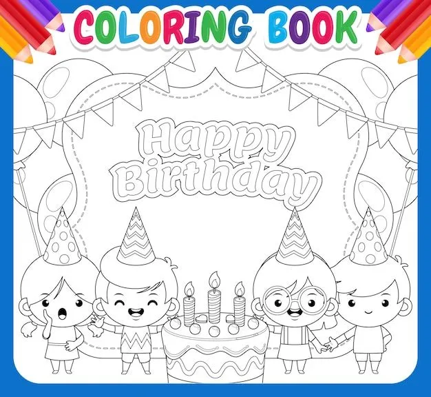 Libro de colorear para niños. cuatro niños celebrando la bandera del feliz cumpleaños | Vector Premium Libro de colorear para niños. cuatro niños celebrando la bandera del feliz cumpleaños | Vector Premium
