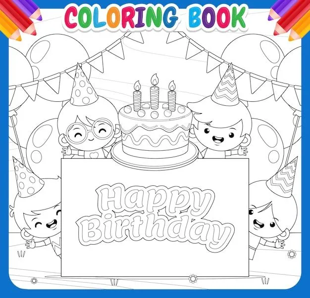 Libro de colorear para niños. cuatro niños feliz cumpleaños con pastel y pancarta | Vector Premium Libro de colorear para niños. cuatro niños feliz cumpleaños con pastel y pancarta | Vector Premium