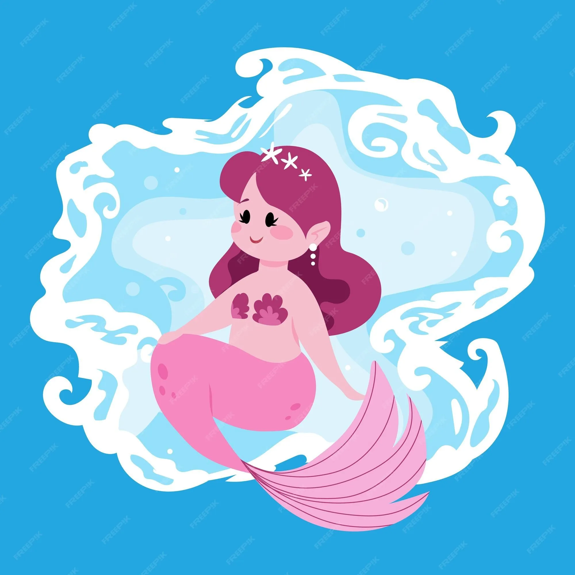 Linda hada sirena niña con cola de pez rosa princesa marina de dibujos animados y olas del océano divertida ninfa de agua mitológica feliz joven marinera vector personaje submarino ficticio | Vector Linda hada sirena niña con cola de pez rosa princesa marina de dibujos animados y olas del océano divertida ninfa de agua mitológica feliz joven marinera vector personaje submarino ficticio | Vector