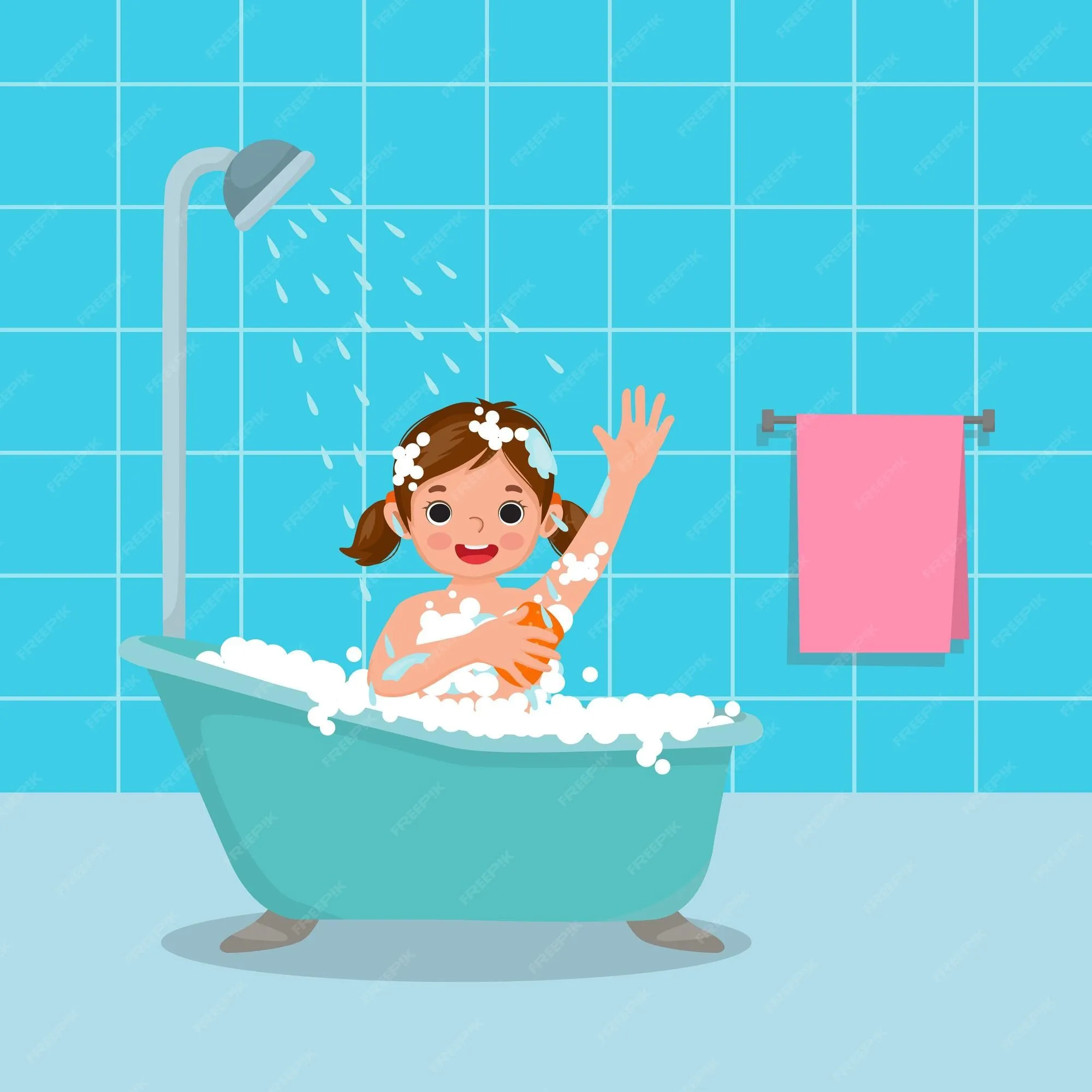Linda niña bañándose en la bañera | Vector Premium