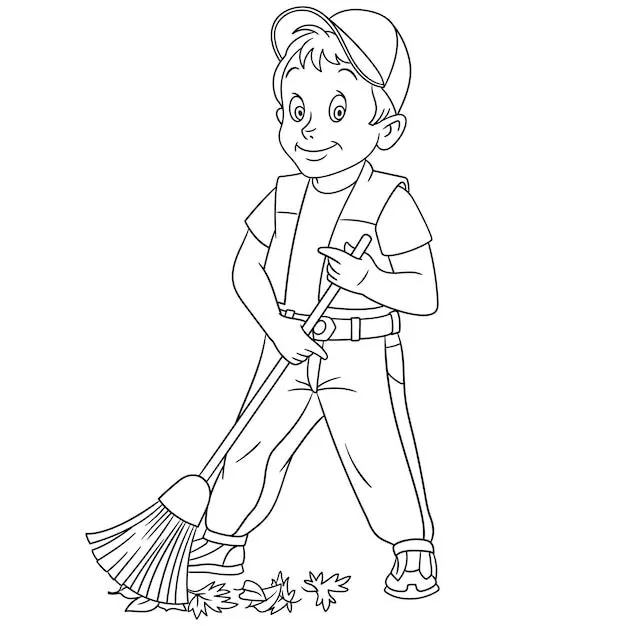 Lindo hombre barrendero. profesiones de personas. página del libro de colorear de dibujos animados para niños. | Vector Premium Lindo hombre barrendero. profesiones de personas. página del libro de colorear de dibujos animados para niños. | Vector Premium