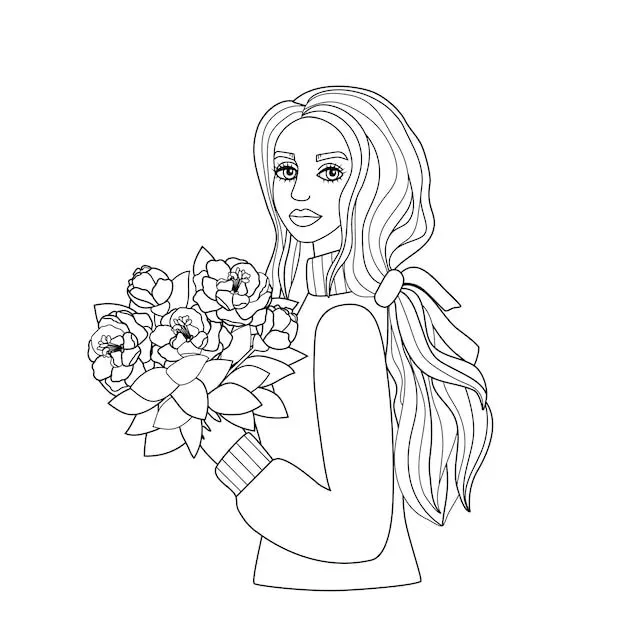 Lindo libro para colorear con una niña con flores de pelo largo en sus manos silueta de una mujer joven estado de ánimo de otoño boceto simple arte lineal | Vector Premium Lindo libro para colorear con una niña con flores de pelo largo en sus manos silueta de una mujer joven estado de ánimo de otoño boceto simple arte lineal | Vector Premium