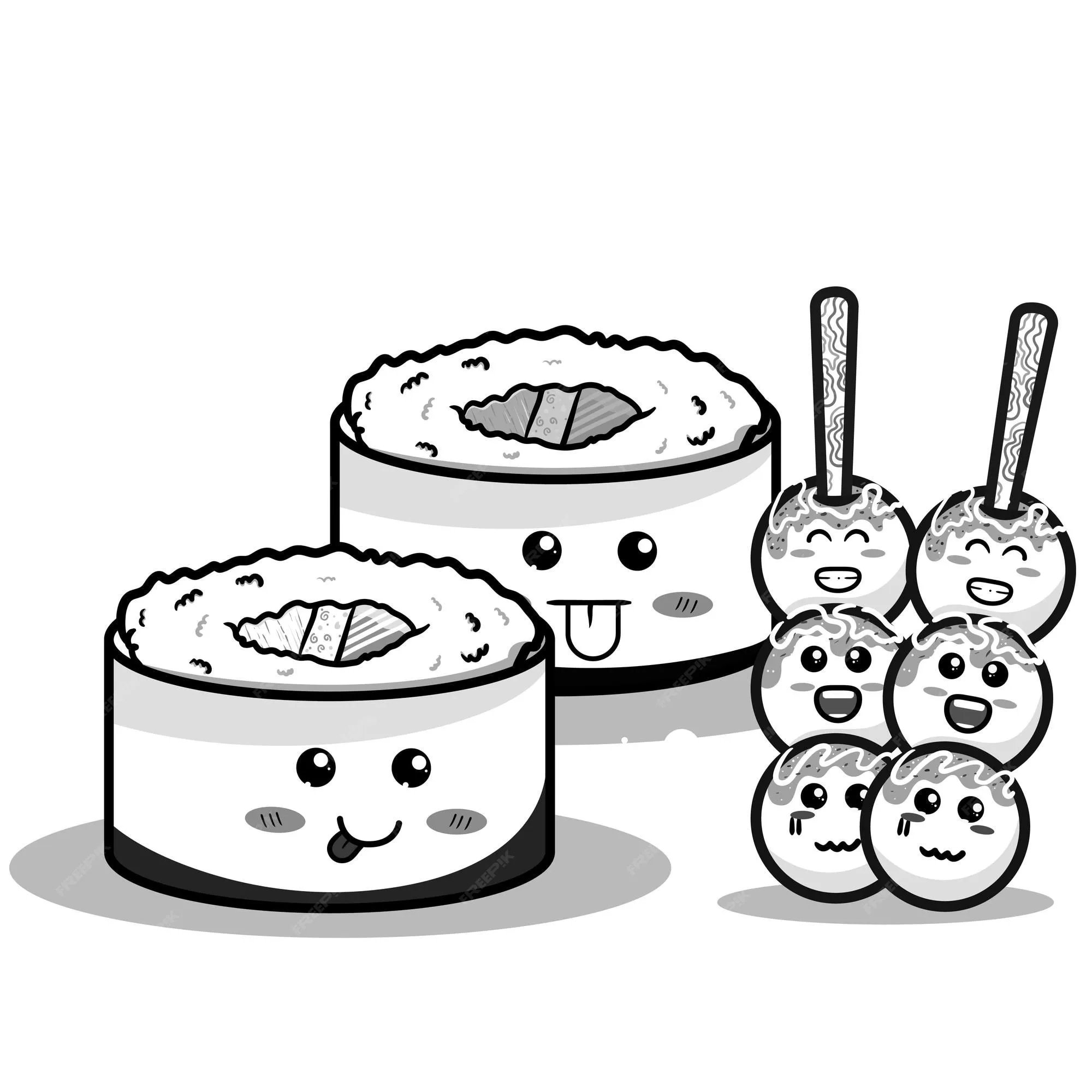 Lindo sushi en kawaii platos tradicionales japoneses contorno en blanco y negro para colorear páginas | Vector Premium Lindo sushi en kawaii platos tradicionales japoneses contorno en blanco y negro para colorear páginas | Vector Premium