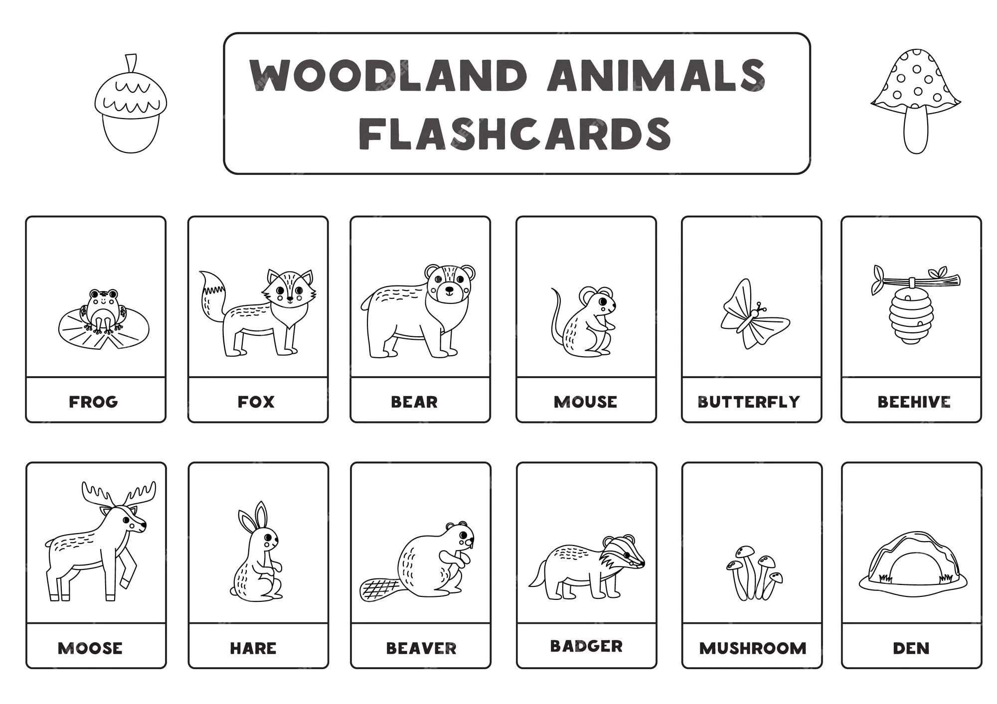 Lindos animales del bosque de dibujos animados con nombres tarjetas flash  en blanco y negro | Vector Premium