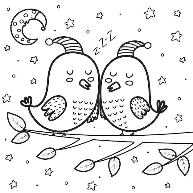 Lindos pájaros durmiendo en la noche para colorear página luna y estrellas dulces sueños ilustración vectorial | Vector Premium Lindos pájaros durmiendo en la noche para colorear página luna y estrellas dulces sueños ilustración vectorial | Vector Premium