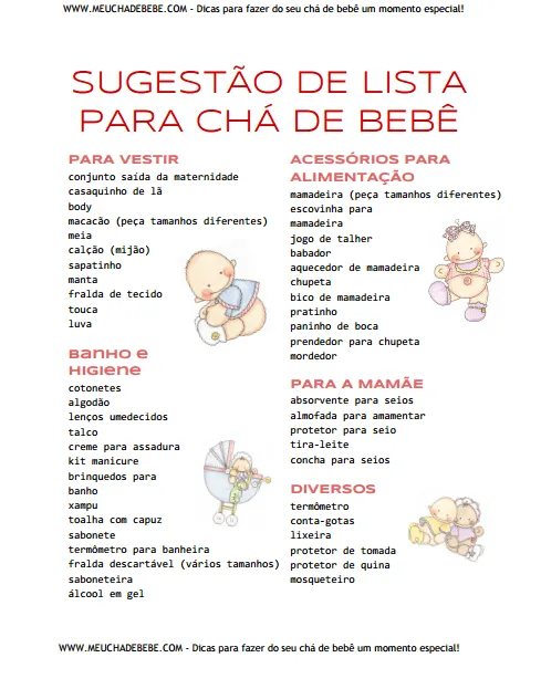 Lista para chá de bebê pronta para baixar ~ Meu chá de bebê