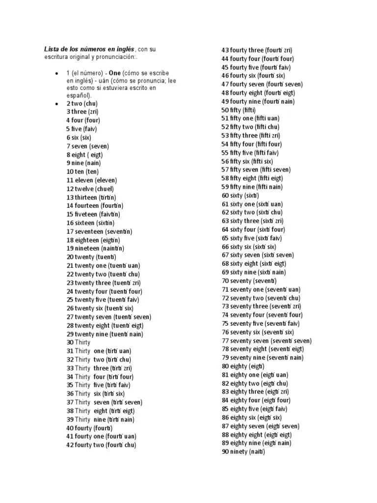 Lista de Los Números en Inglés | PDF