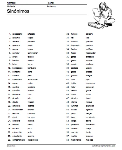 Lista de Sinónimos - Para Imprimir Gratis - ParaImprimirGratis.com