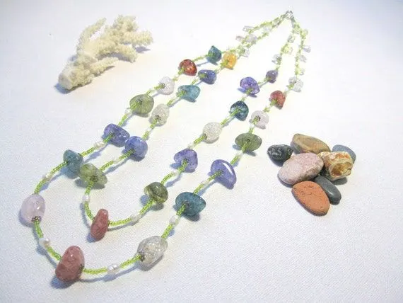 Long Beach Necklace Multi color Double Strand Quartz by SanaGem Long Beach Necklace Multi color Double Strand Quartz by SanaGem