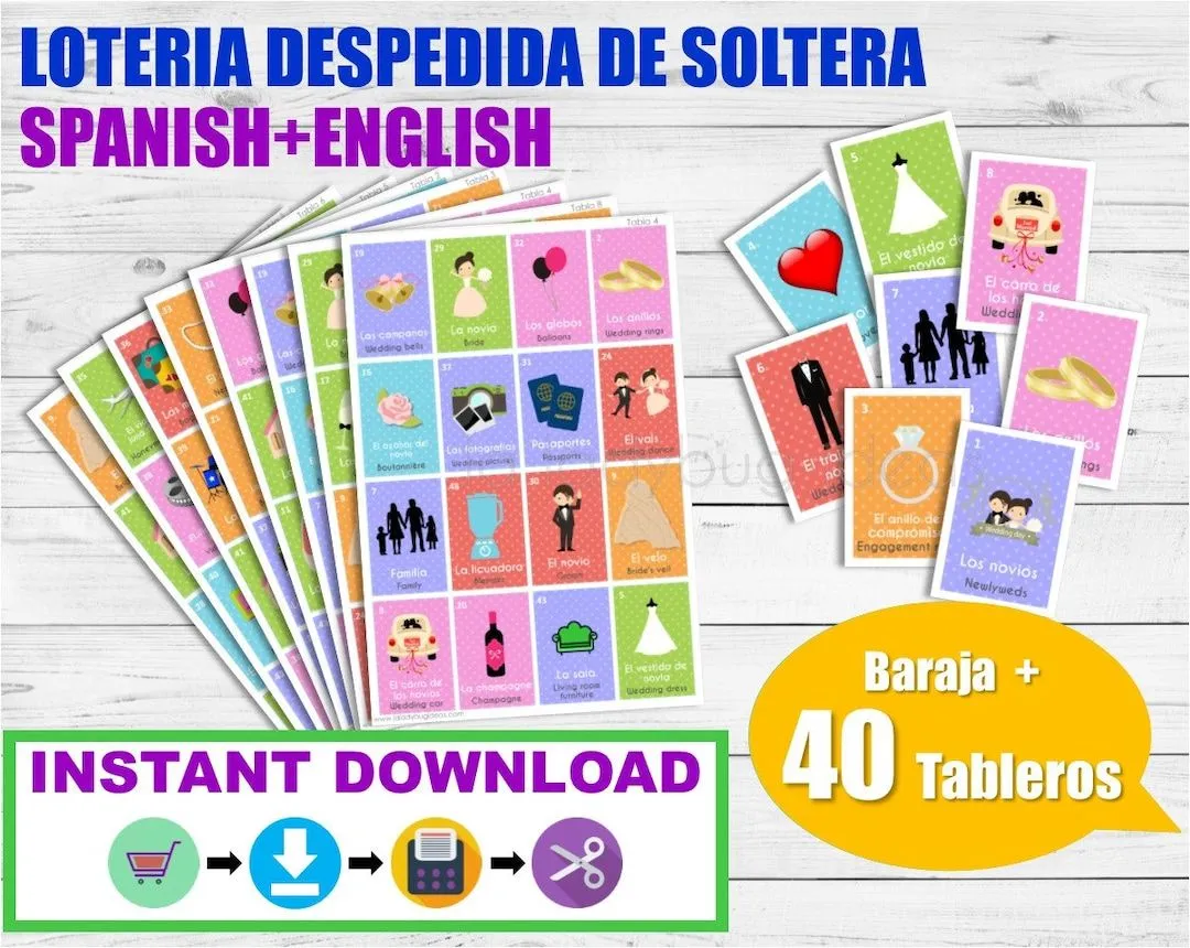 Lotería Despedida de soltera Inglés-Español para imprimir. - Etsy México