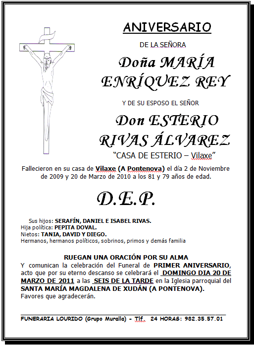 Lourido: Esquela aniversario María Enriquez Rey y su esposo ... Lourido: Esquela aniversario María Enriquez Rey y su esposo ...
