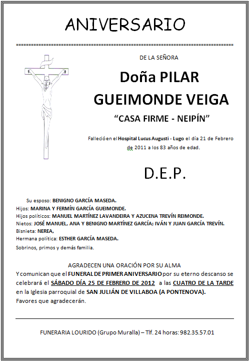 Lourido: Esquela aniversario Pilar Gueimonde Veiga "Casa Firme ... Lourido: Esquela aniversario Pilar Gueimonde Veiga "Casa Firme ...