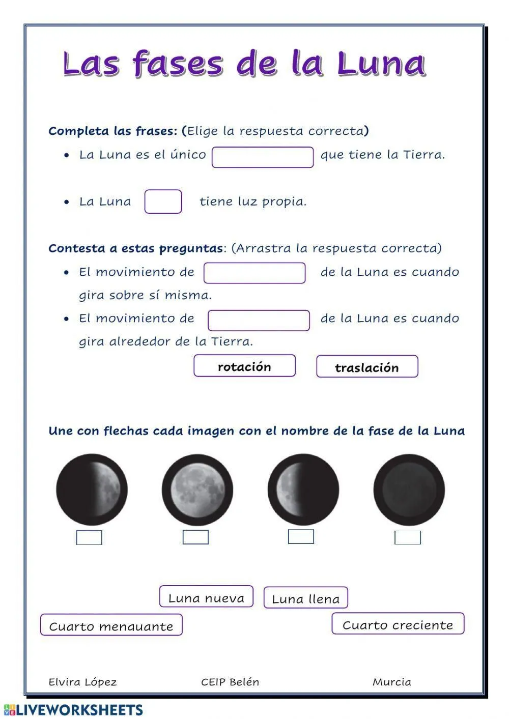 La Luna y sus fases worksheet | Live Worksheets La Luna y sus fases worksheet | Live Worksheets