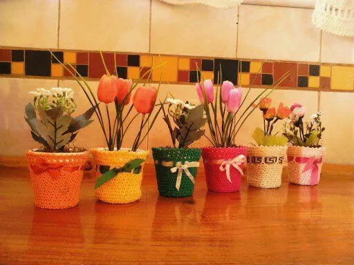 macetas tejidas a crochet con flores | decoracion para el hogar ...