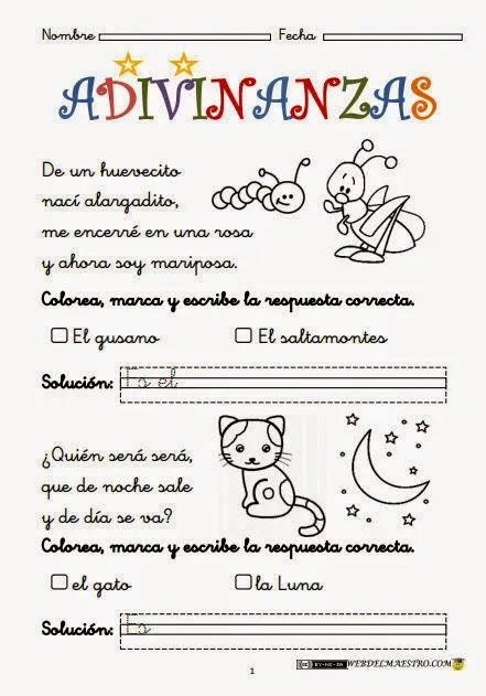 Maestra de Primaria: Adivinanzas. Fichas. 1º de Primaria.