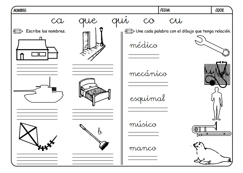 Maestra de Primaria: Fichas para trabajar CA, QUE, QUI, CO, CU.