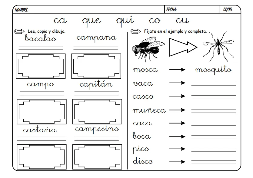 Maestra de Primaria: Fichas para trabajar CA, QUE, QUI, CO, CU.