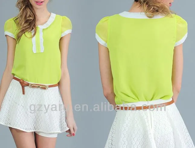 De manga corta para blanco y azul de la gasa de la blusa de diseño ... De manga corta para blanco y azul de la gasa de la blusa de diseño ...